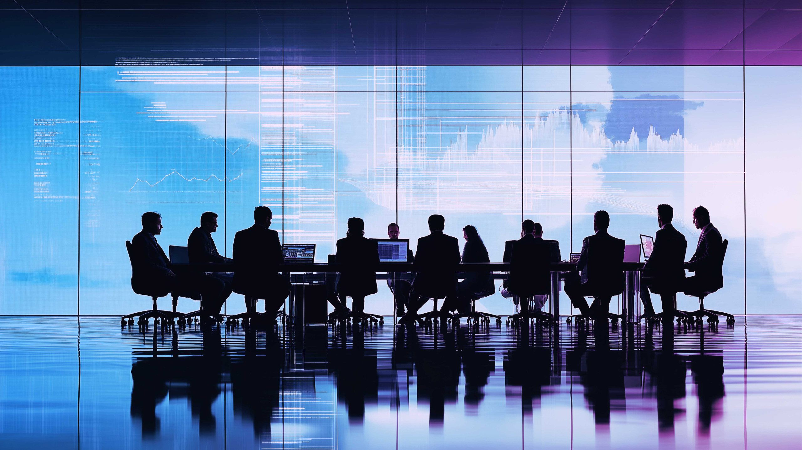 header image of diverse group of business leaders from Davos engaged in a collaborative discussion around a modern conference table. Laptops and digital displays show detailed economic graphs