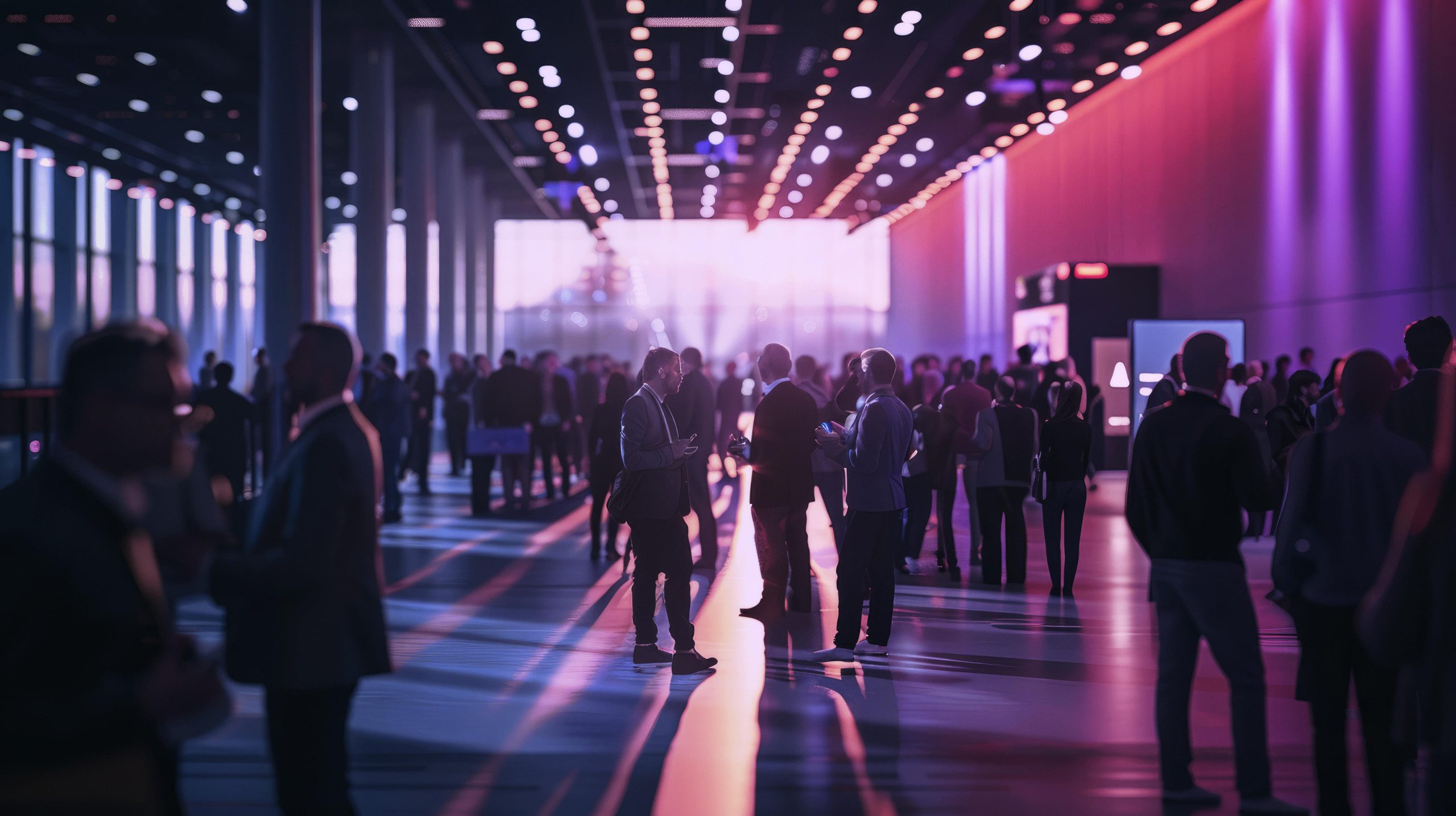 image of Group of attendees standing and networking around a bustling convention hall during a tech conference or expo showcasing innovation hyper